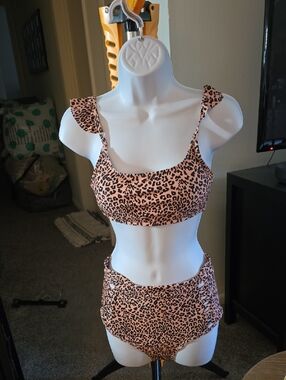 Leopard Print High-Waist Bikini Set - Peach and Black